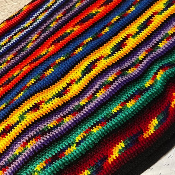 VTG Handmade Crochet Rainbow Striped Blanket Vibrant Multicolor 70x100in - Picture 4 of 16